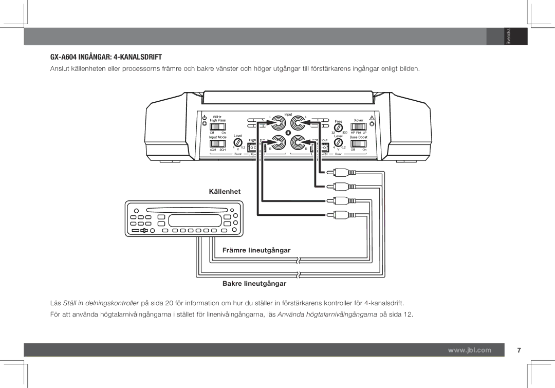 JBL GX-A602, GX-A3001 owner manual GX-A604 Ingångar 4-KANALSDRIFT, Främre lineutgångar Bakre lineutgångar 