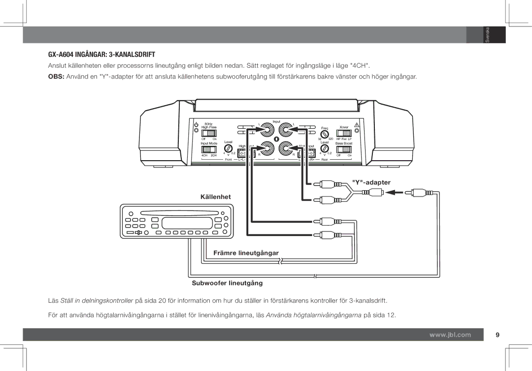 JBL GX-A602, GX-A3001 owner manual GX-A604 Ingångar 3-KANALSDRIFT, Källenhet, Främre lineutgångar Subwoofer lineutgång 