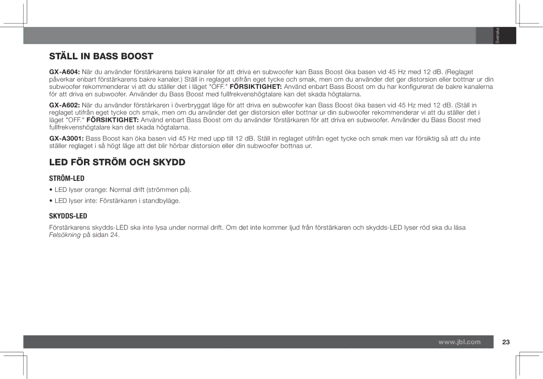 JBL GX-A602, GX-A3001 owner manual Ställ in Bass Boost, LED FÖR Ström OCH Skydd, Ström-Led, Skydds-Led 