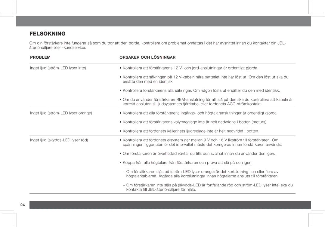 JBL GX-A3001, GX-A602 owner manual Felsökning, Problem Orsaker OCH Lösningar 