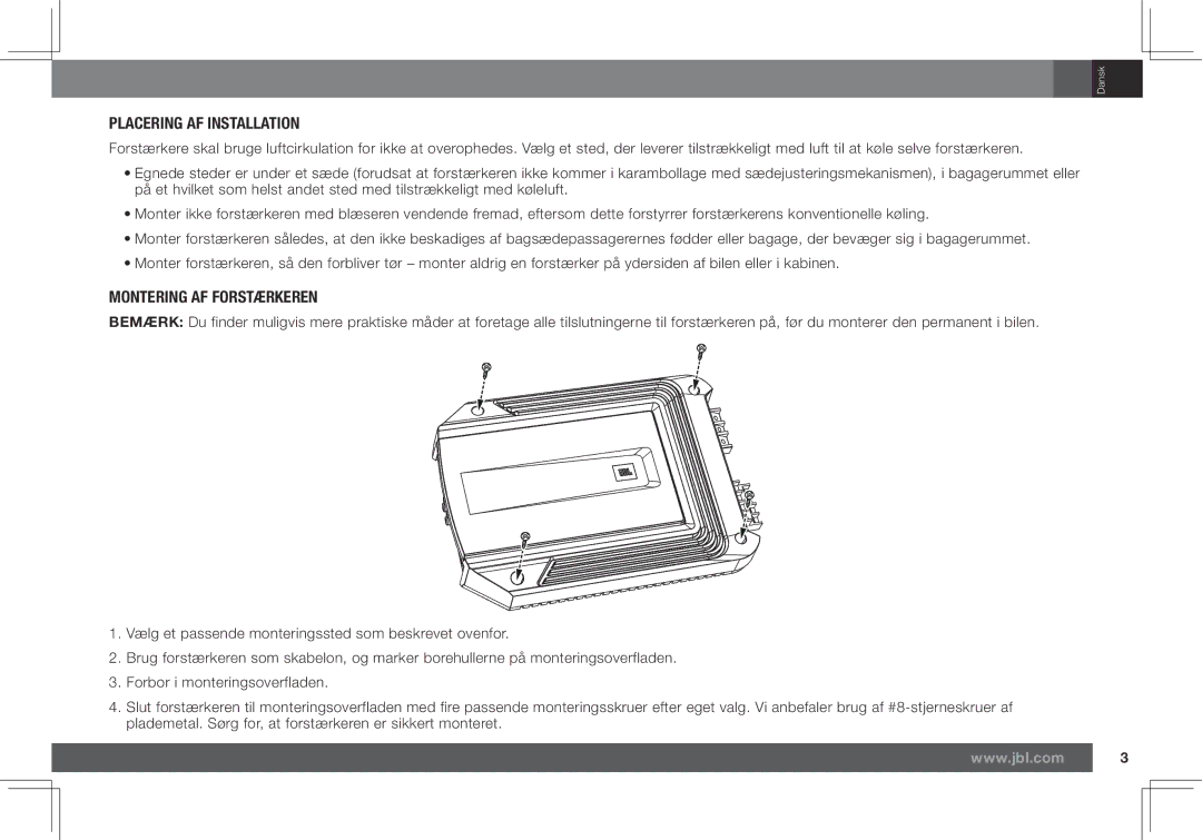 JBL GX-A602, GX-A3001 owner manual Placering AF Installation, Montering AF Forstærkeren 