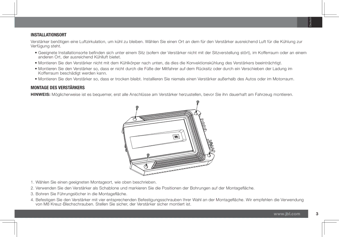 JBL GX-A602, GX-A3001 owner manual Installationsort, Montage DES Verstärkers 