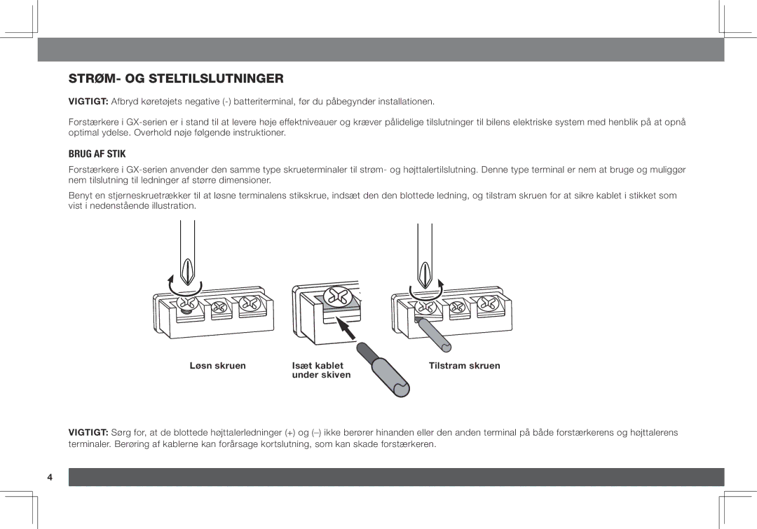 JBL GX-A3001, GX-A602 owner manual Strøm- og steltilslutninger, Brug af stik, Løsn skruen Isæt kablet, Under skiven 