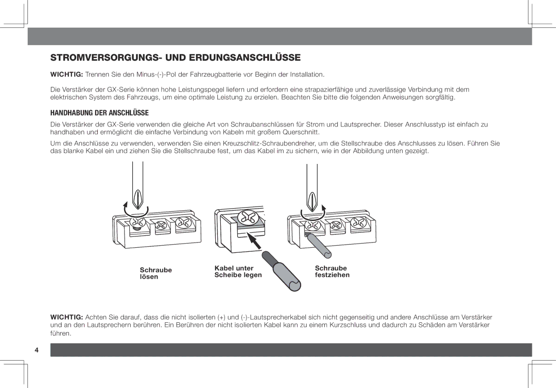 JBL GX-A3001 Stromversorgungs- und Erdungsanschlüsse, Handhabung der Anschlüsse, Schraube Kabel unter Lösen Scheibe legen 