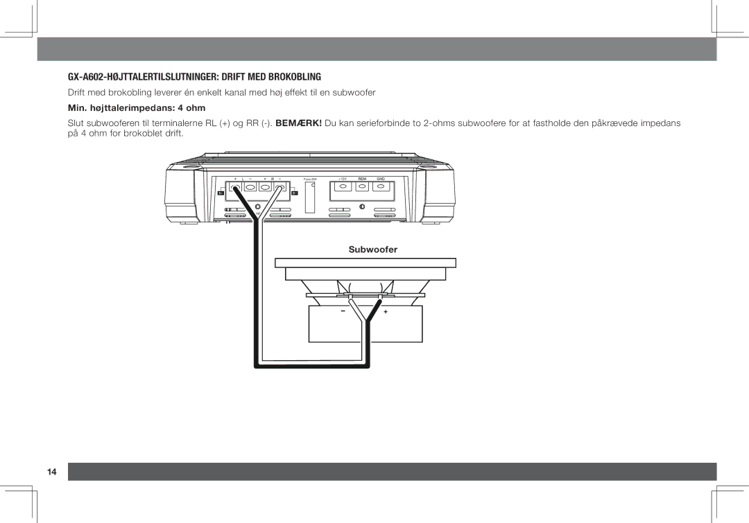 JBL GX-A3001 owner manual GX-A602-højttalertilslutninger drift med brokobling, Min. højttalerimpedans 4 ohm 