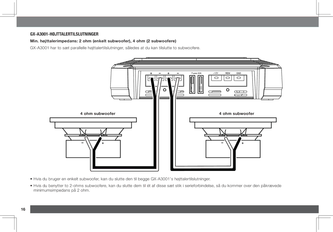 JBL GX-A602 owner manual GX-A3001-højttalertilslutninger, Ohm subwoofer 