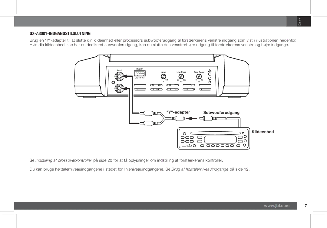 JBL GX-A602 owner manual GX-A3001-INDGANGSTILSLUTNING, Adapter Subwooferudgang Kildeenhed 