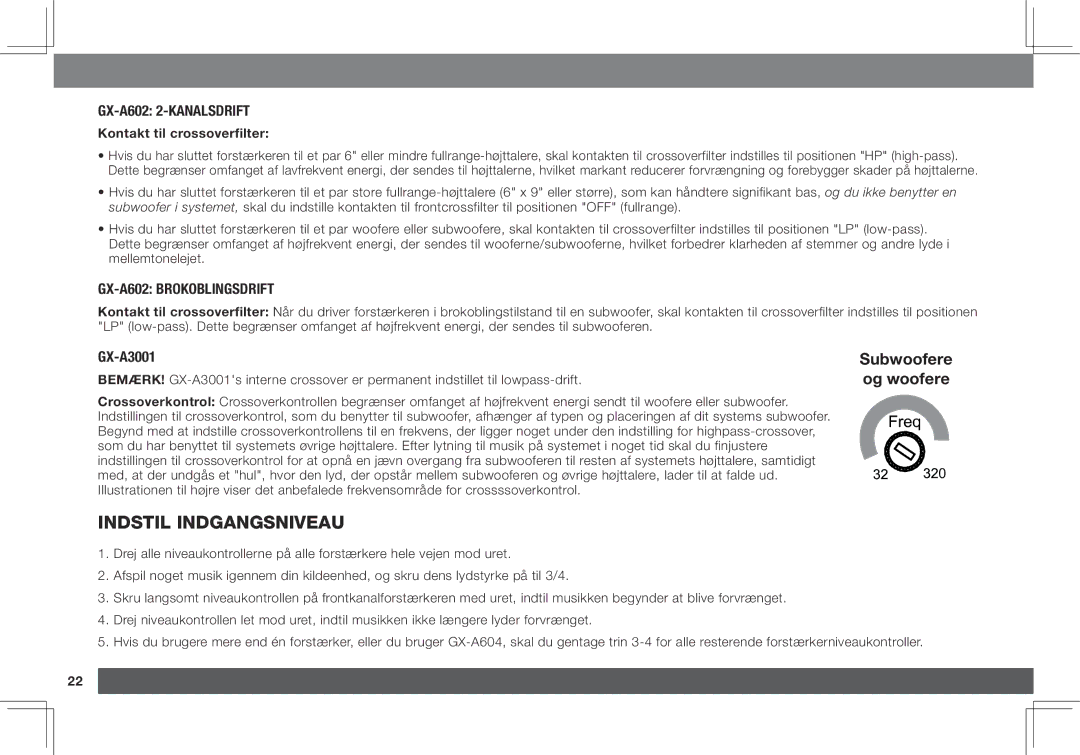 JBL GX-A3001 owner manual Indstil indgangsniveau, GX-A602 Brokoblingsdrift, Kontakt til crossoverfilter 