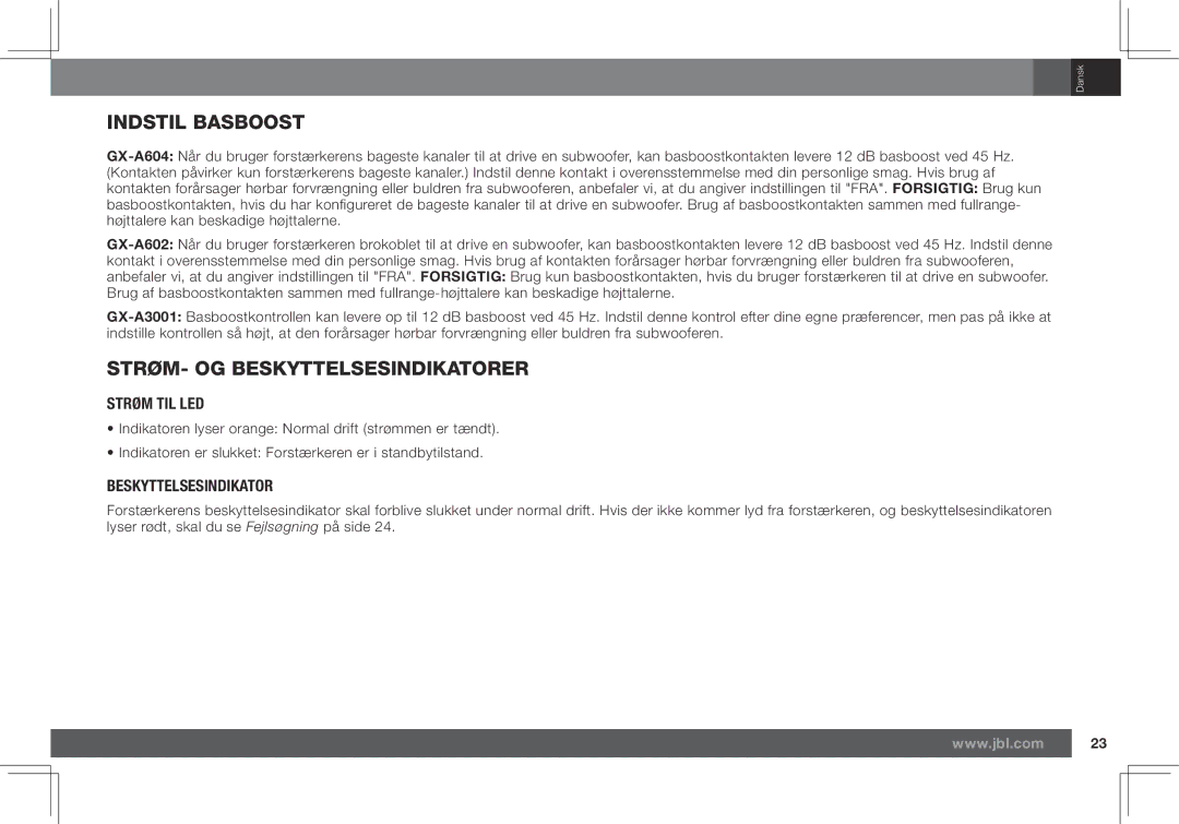 JBL GX-A602, GX-A3001 owner manual Indstil Basboost, STRØM- OG Beskyttelsesindikatorer, Strøm TIL LED 