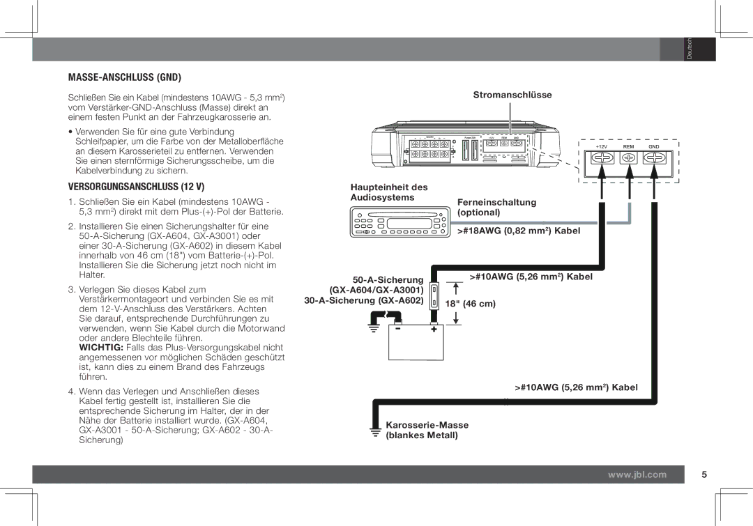 JBL GX-A602, GX-A3001 owner manual Masse-Anschluss Gnd, Versorgungsanschluss 12 