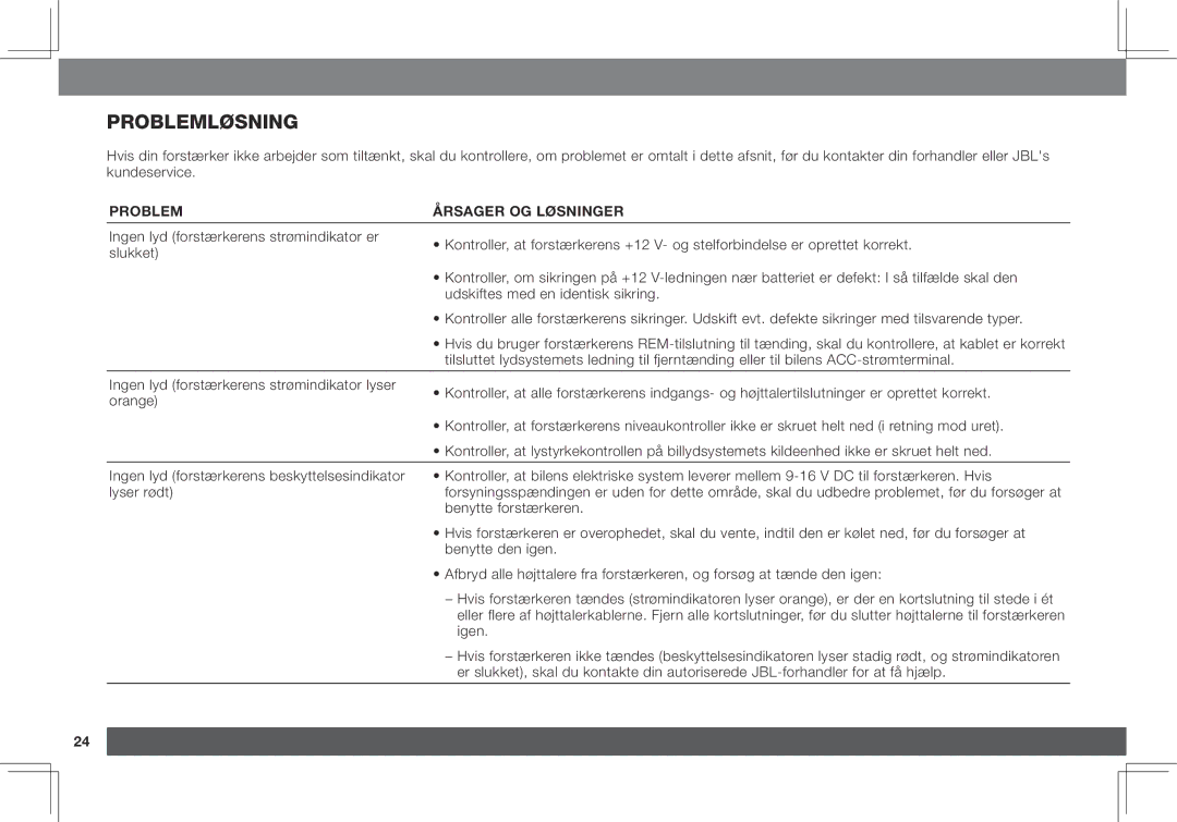 JBL GX-A3001, GX-A602 owner manual Problemløsning, Problem Årsager OG Løsninger 