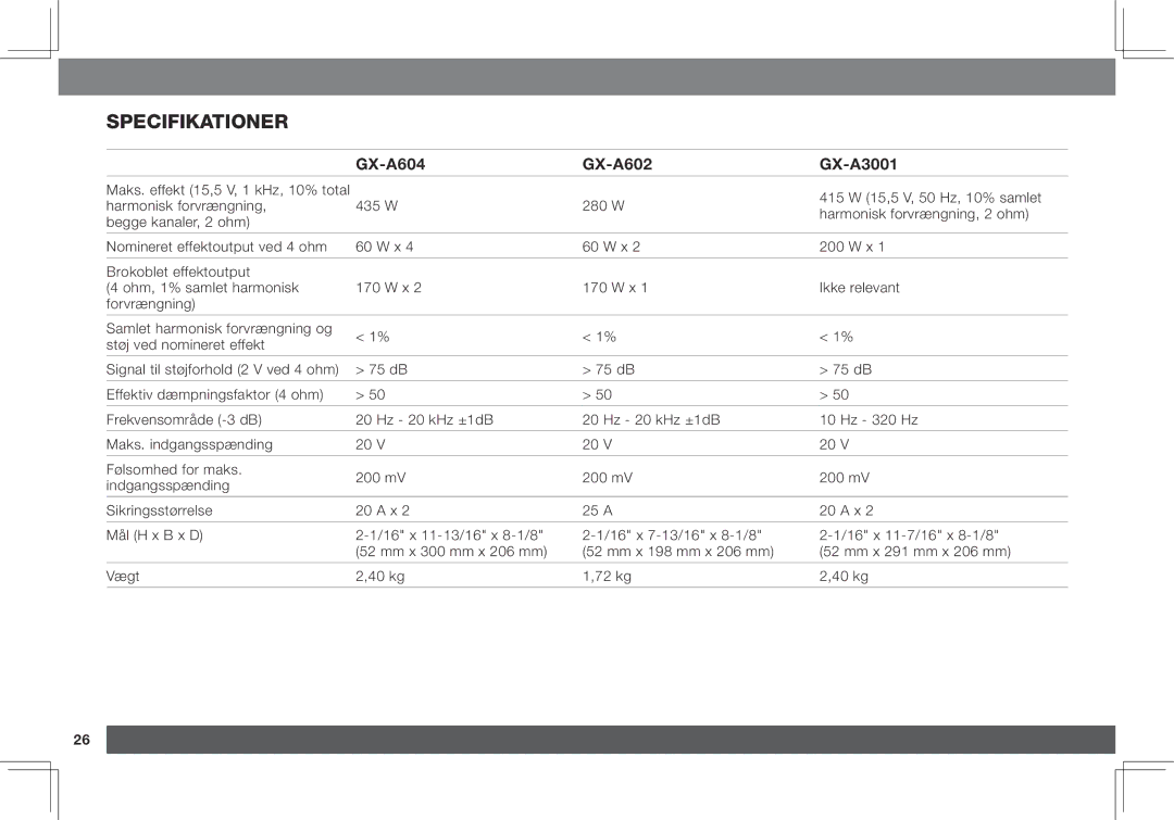 JBL GX-A3001, GX-A602 owner manual Specifikationer 