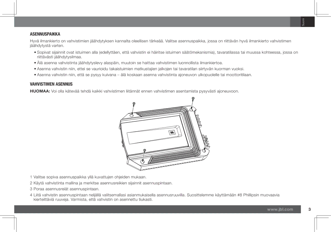 JBL GX-A602, GX-A3001 owner manual Asennuspaikka, Vahvistimen Asennus 