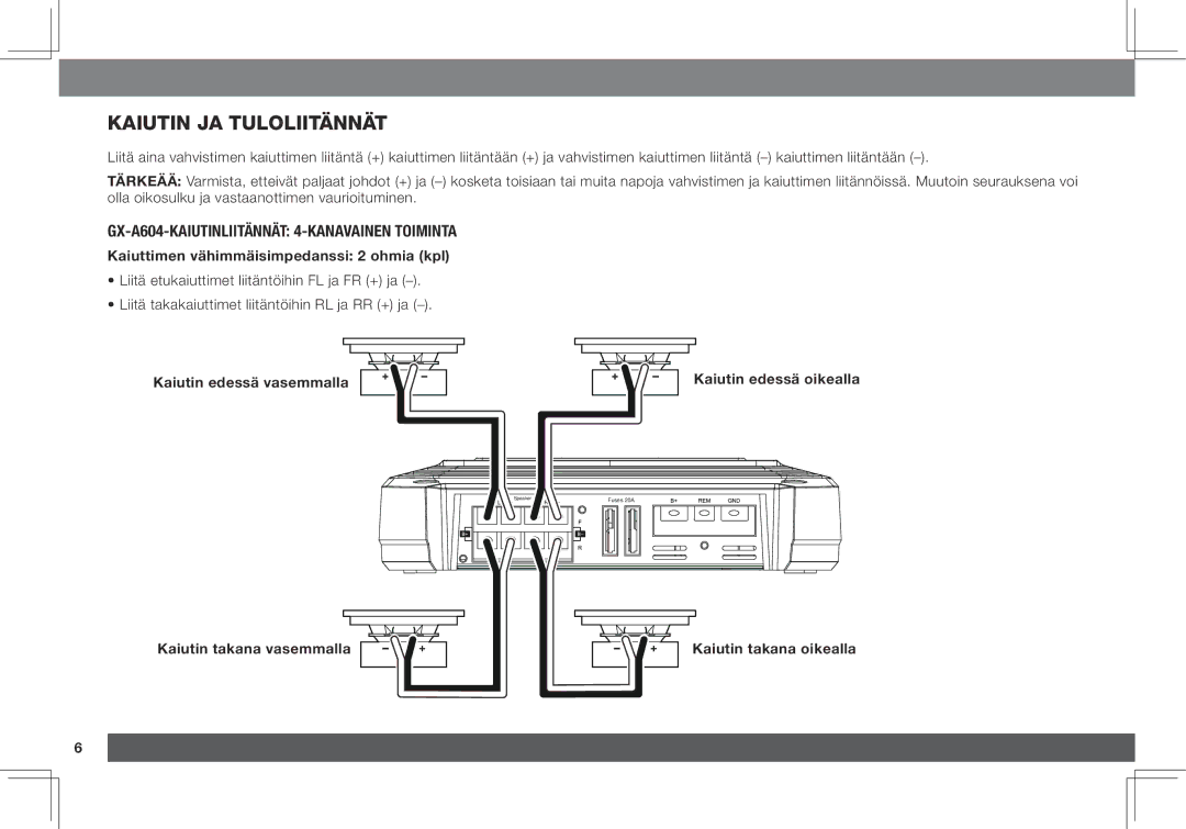 JBL GX-A3001, GX-A602 owner manual Kaiutin ja tuloliitännät, GX-A604-kaiutinliitännät 4-kanavainen toiminta 