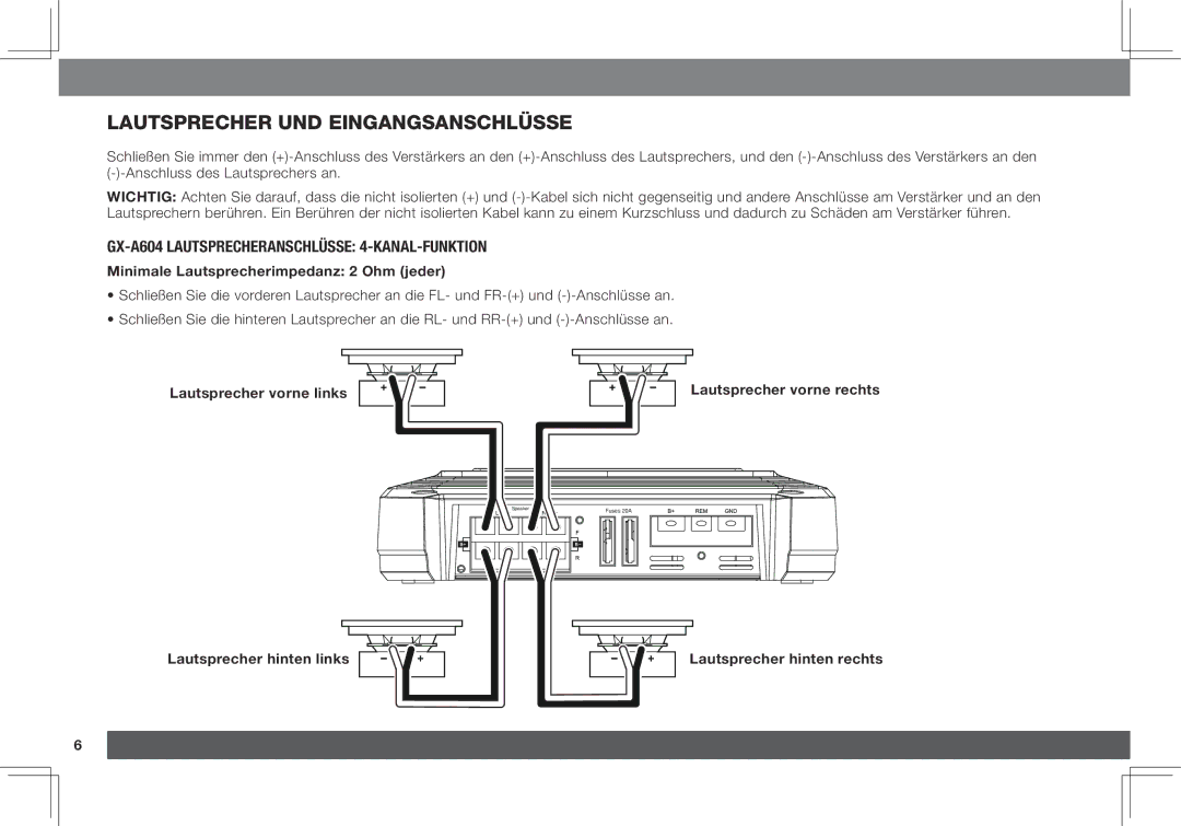 JBL GX-A3001, GX-A602 owner manual Lautsprecher und Eingangsanschlüsse, GX-A604 Lautsprecheranschlüsse 4-Kanal-Funktion 