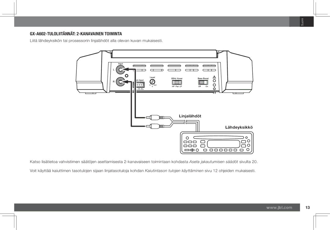 JBL GX-A3001 owner manual GX-A602-TULOLIITÄNNÄT 2-KANAVAINEN Toiminta, Linjalähdöt Lähdeyksikkö 