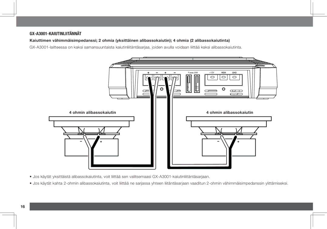 JBL GX-A3001, GX-A602 owner manual Gx-a3001-kaiutinliitännät, Ohmin alibassokaiutin 