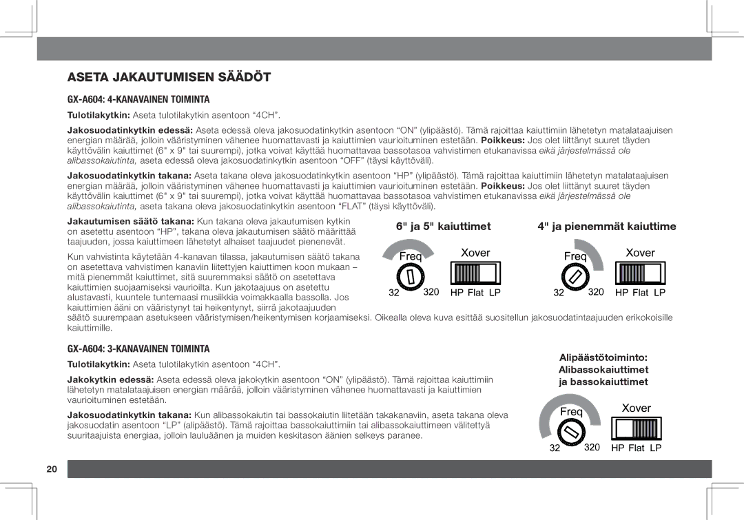 JBL GX-A3001, GX-A602 owner manual Aseta jakautumisen säädöt, GX-A604 4-kanavainen toiminta, GX-A604 3-kanavainen toiminta 