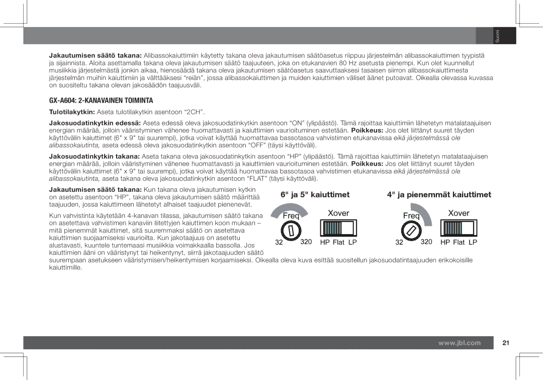 JBL GX-A602, GX-A3001 owner manual GX-A604 2-KANAVAINEN Toiminta, Ja pienemmät kaiuttimet 