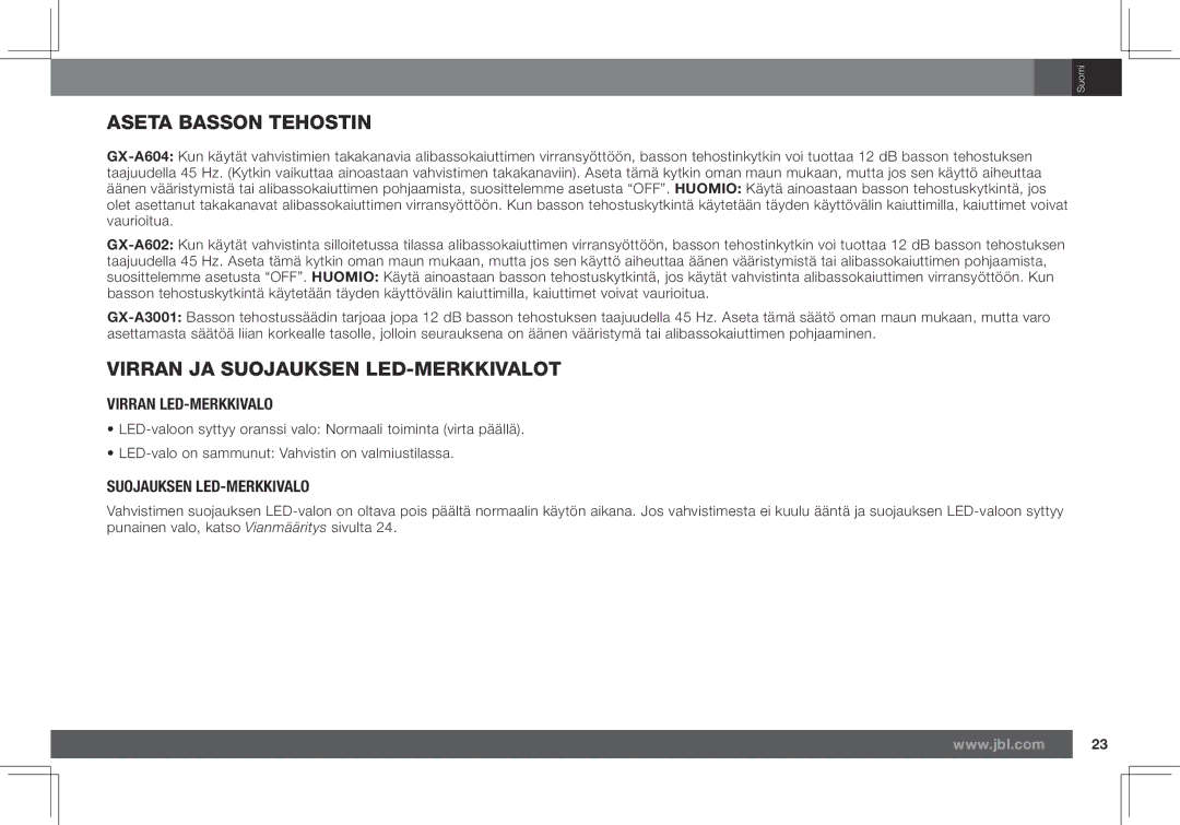 JBL GX-A602, GX-A3001 owner manual Aseta Basson Tehostin, Virran JA Suojauksen LED-MERKKIVALOT, Virran LED-MERKKIVALO 