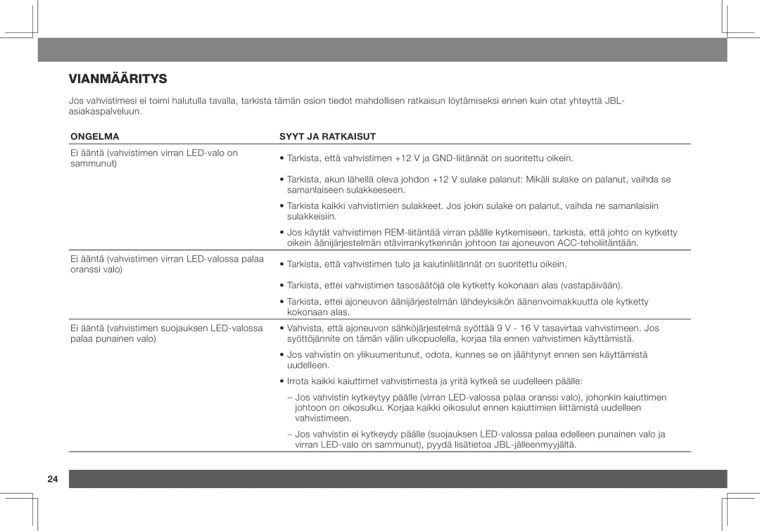 JBL GX-A3001, GX-A602 owner manual Vianmääritys, Ongelma Syyt JA Ratkaisut 