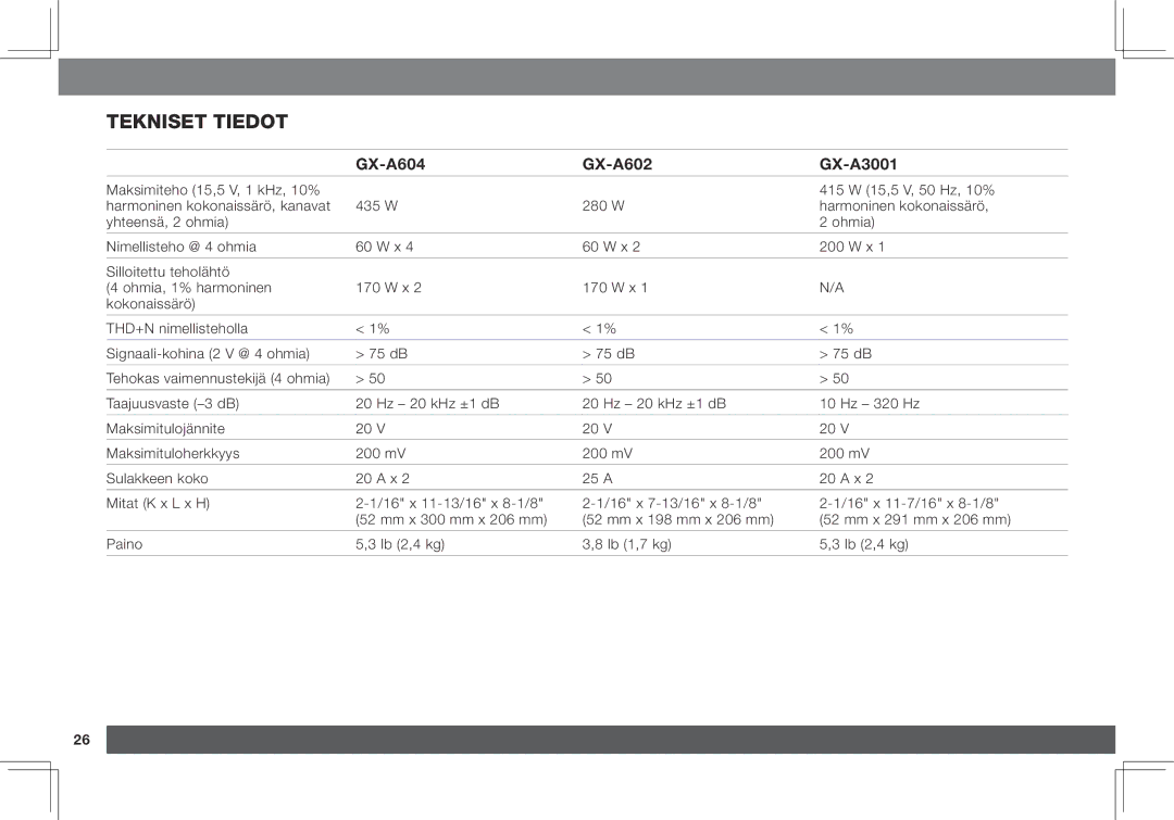 JBL owner manual Tekniset tiedot, GX-A604 GX-A602 GX-A3001 