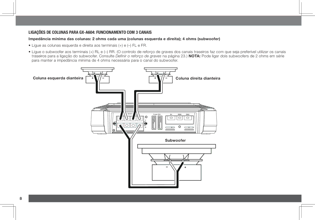 JBL GX-A3001, GX-A602 owner manual Ligações DE Colunas Para GX-A604 Funcionamento COM 3 Canais, Subwoofer 