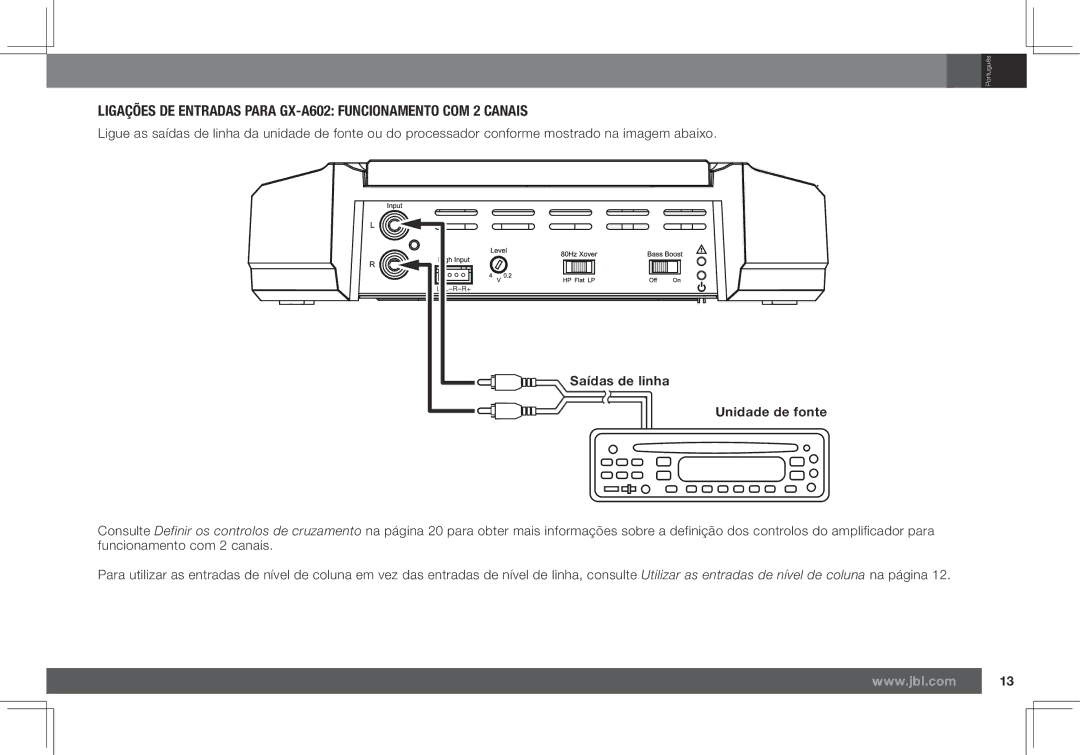 JBL GX-A3001 owner manual Ligações DE Entradas Para GX-A602 Funcionamento COM 2 Canais, Saídas de linha Unidade de fonte 