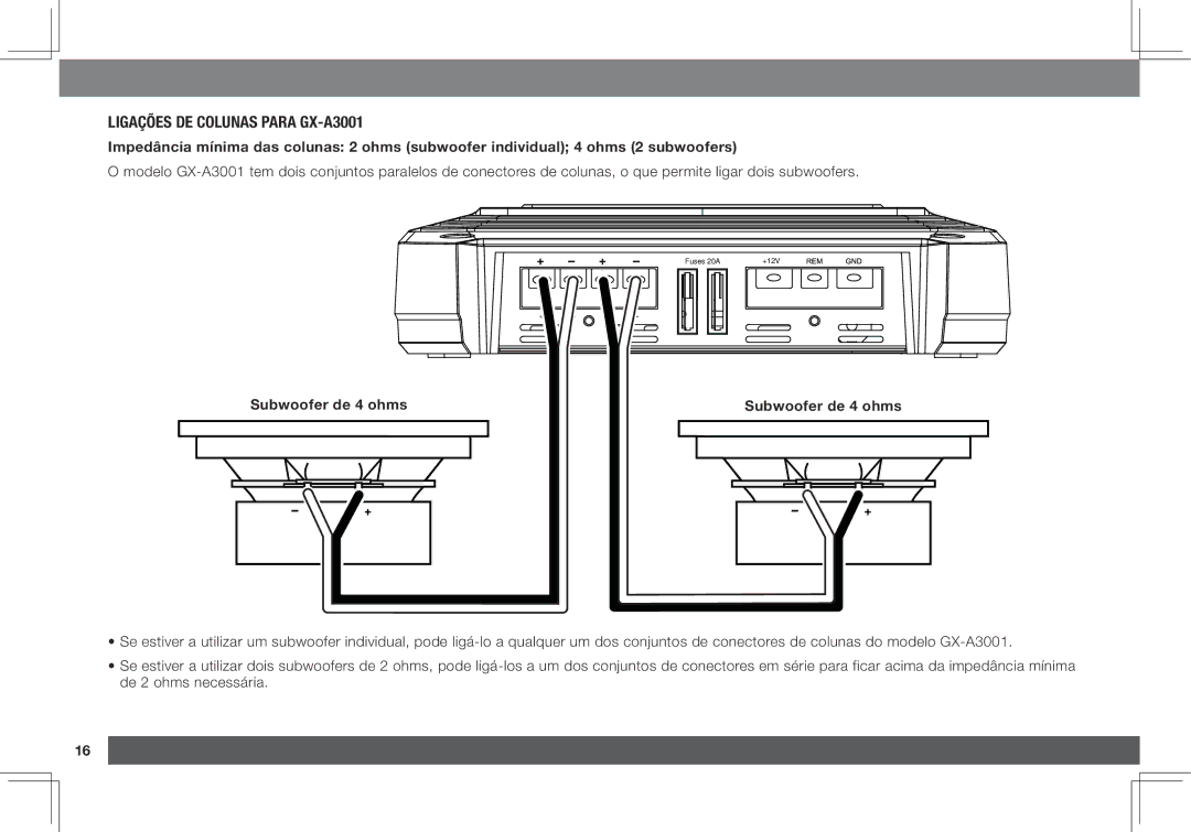 JBL GX-A602 owner manual Ligações de colunas para GX-A3001, Subwoofer de 4 ohms 