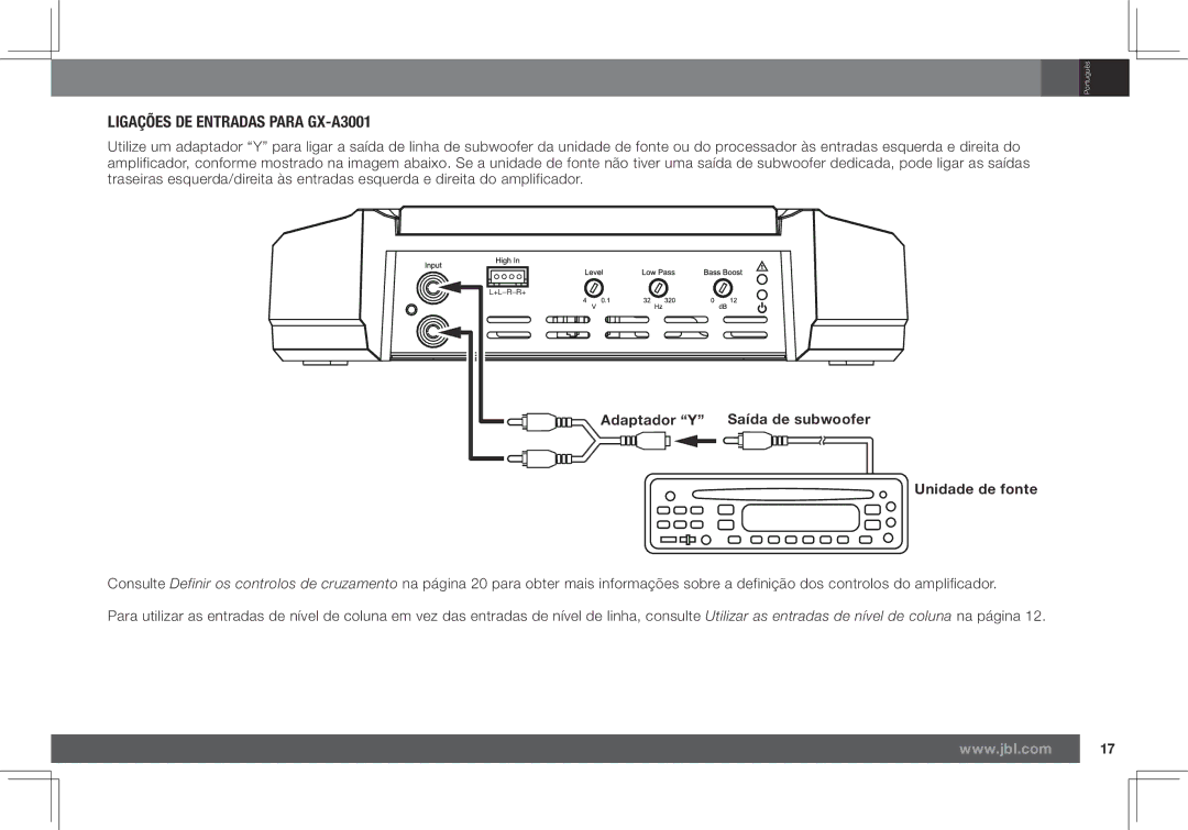 JBL GX-A602 owner manual Ligações DE Entradas Para GX-A3001, Adaptador Y Saída de subwoofer Unidade de fonte 