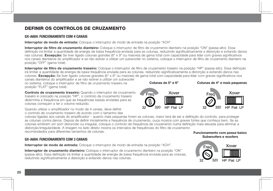 JBL GX-A3001 Definir os controlos de cruzamento, GX-A604 funcionamento com 4 canais, GX-A604 funcionamento com 3 canais 