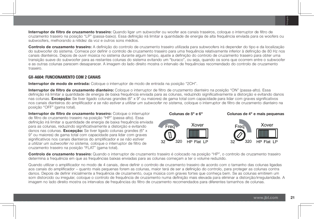 JBL GX-A602, GX-A3001 owner manual GX-A604 Funcionamento COM 2 Canais, Colunas de 5 e 