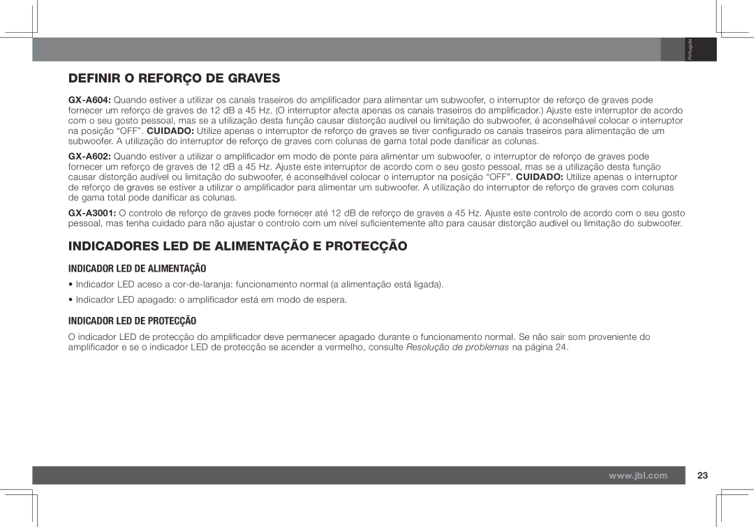 JBL GX-A602 Definir O Reforço DE Graves, Indicadores LED DE Alimentação E Protecção, Indicador LED DE Alimentação 