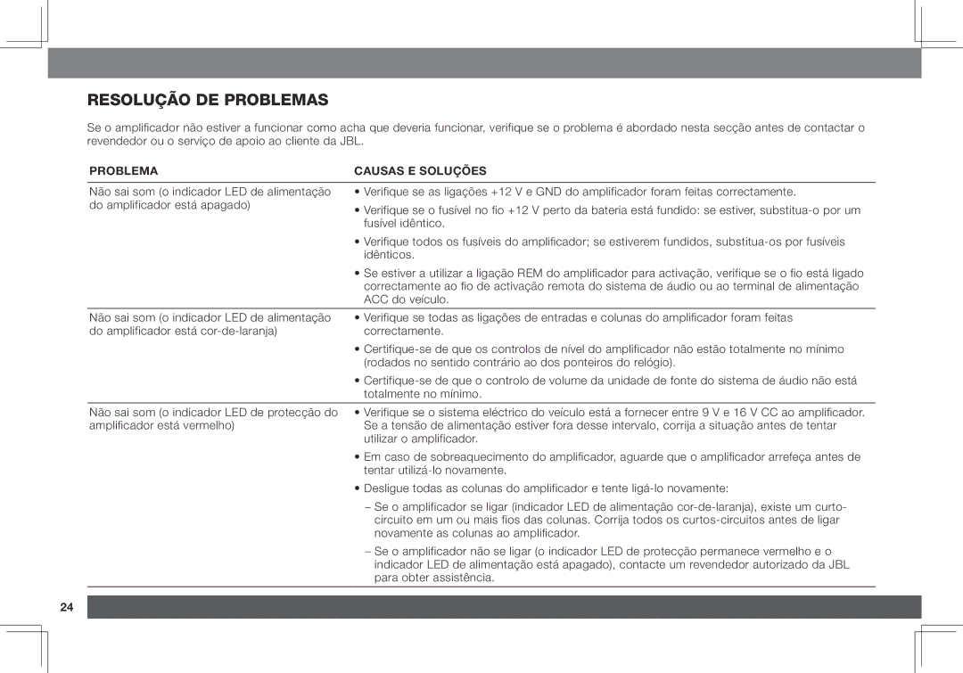 JBL GX-A3001, GX-A602 owner manual Resolução DE Problemas, Problema Causas E Soluções 