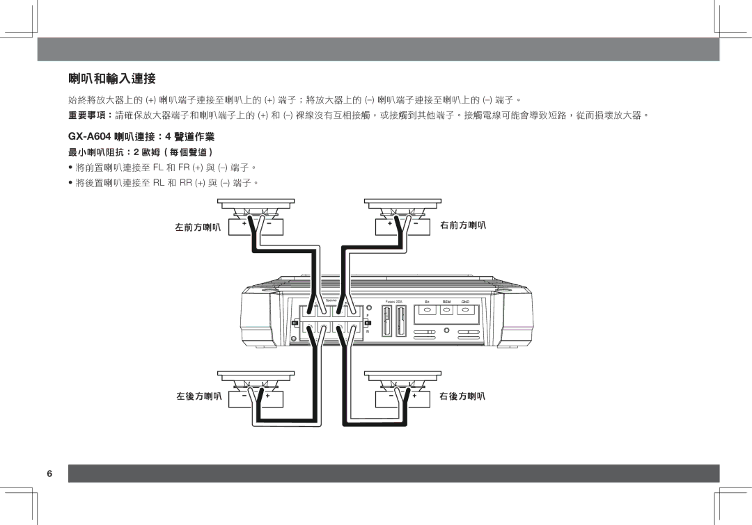 JBL GX-A3001, GX-A602 owner manual 喇叭和輸入連接, GX-A604 喇叭連接：4 聲道作業 