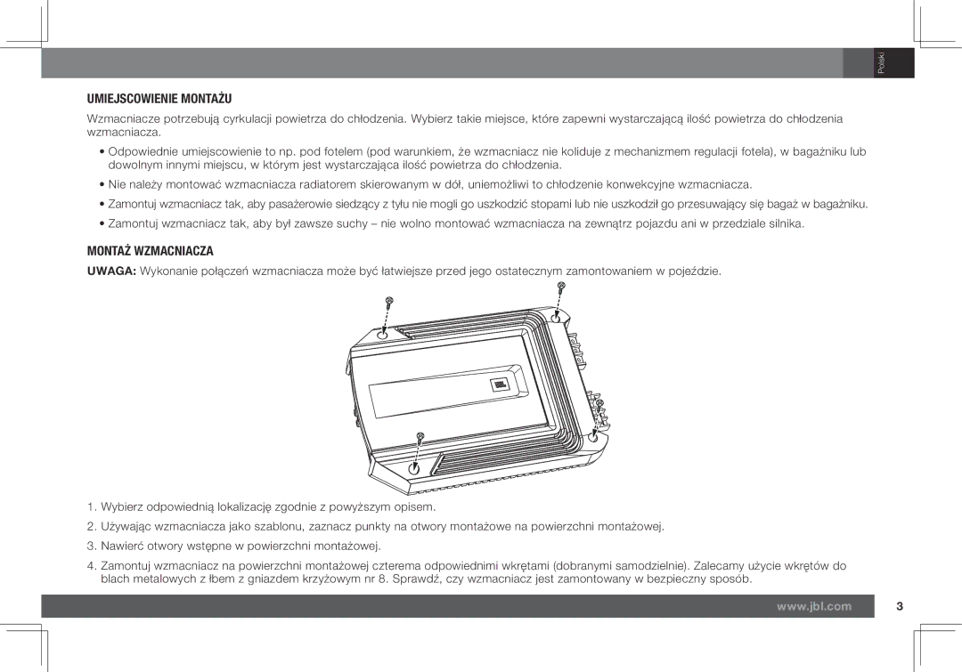 JBL GX-A602, GX-A3001 owner manual Umiejscowienie Montażu, Montaż Wzmacniacza 