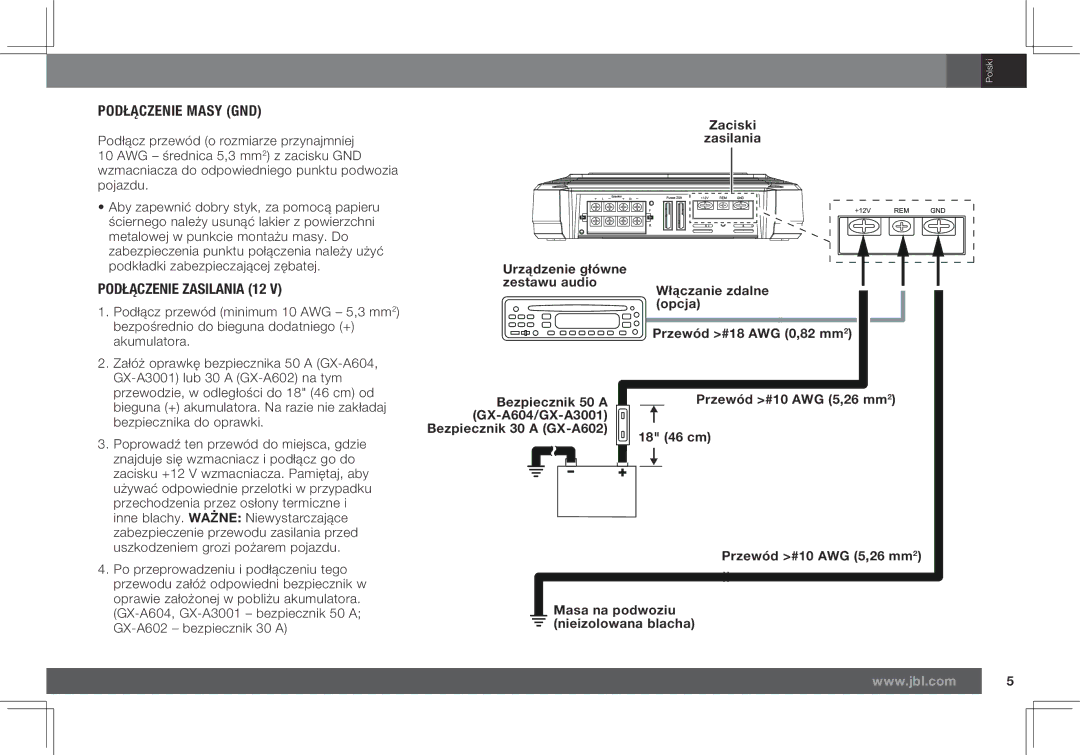 JBL owner manual Podłączenie Zasilania 12, Zaciski Zasilania, Bezpiecznik 50 a GX-A604/GX-A3001 Bezpiecznik 30 a GX-A602 