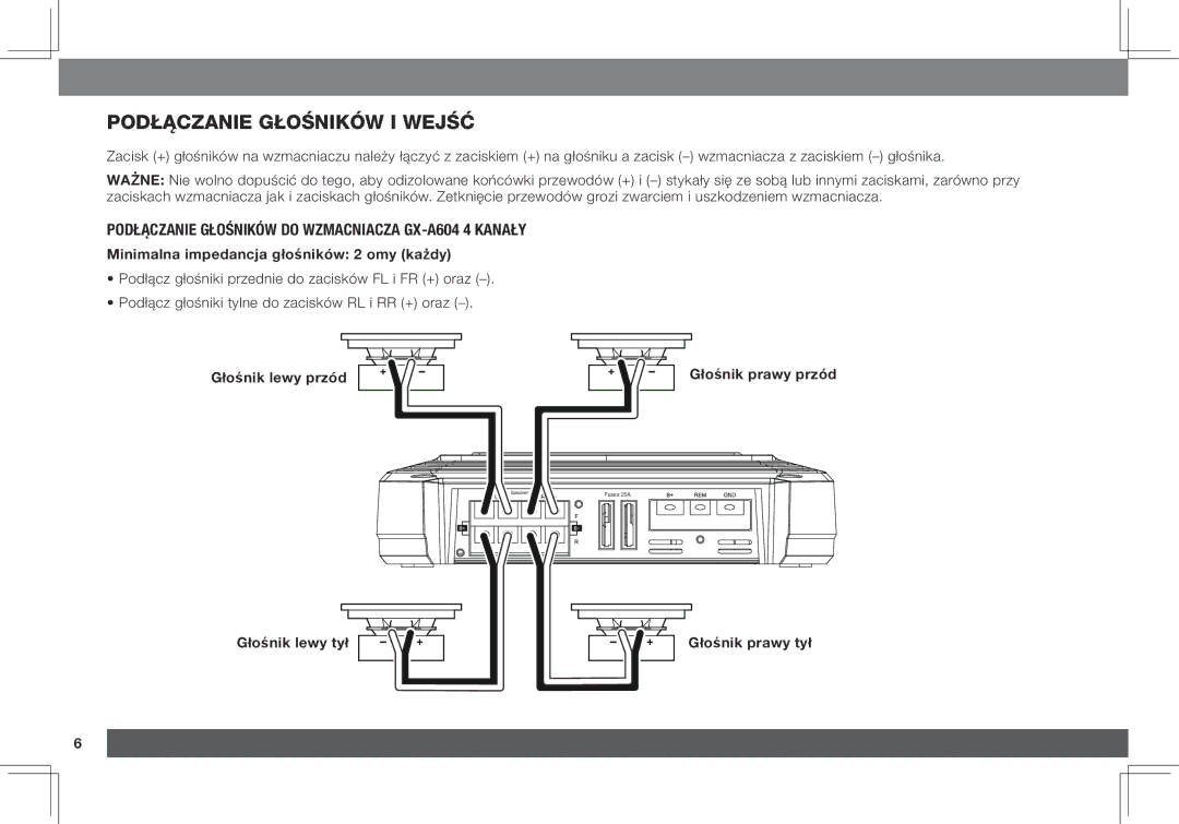 JBL GX-A3001, GX-A602 owner manual Podłączanie głośników i wejść, Podłączanie głośników do wzmacniacza GX-A604 4 kanały 