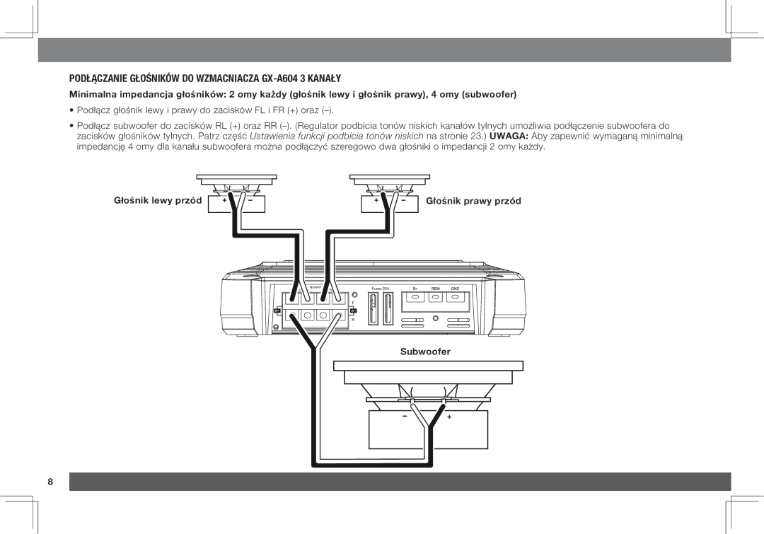 JBL GX-A3001, GX-A602 owner manual Podłączanie Głośników do Wzmacniacza GX-A604 3 Kanały, Subwoofer 