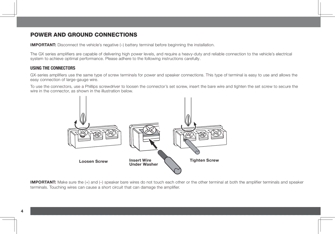 JBL GX-A3001, GX-A602 Power and ground connections, Using the Connectors, Loosen Screw Insert Wire, Under Washer 