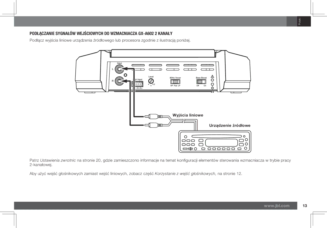 JBL GX-A602, GX-A3001 owner manual Wyjścia liniowe Urządzenie źródłowe 