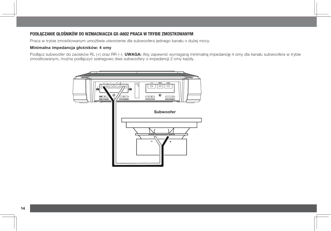 JBL GX-A3001, GX-A602 owner manual Minimalna impedancja głośników 4 omy, Subwoofer 