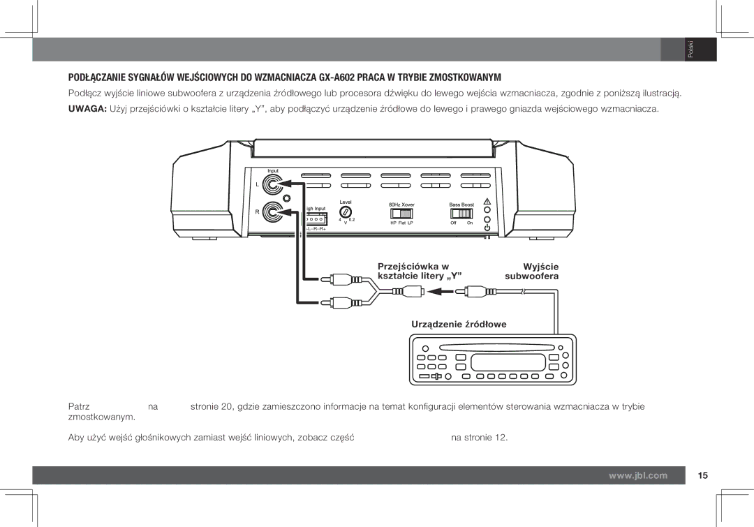 JBL GX-A602, GX-A3001 owner manual Przejściówka w Wyjście Kształcie litery „Y 