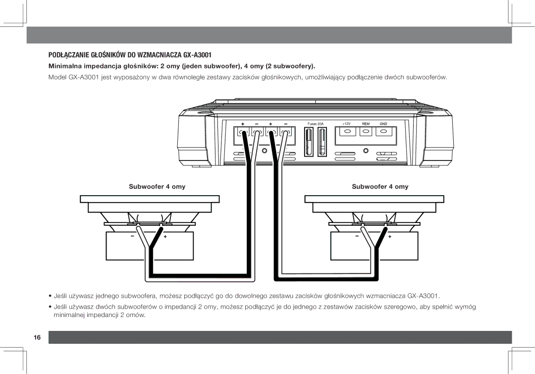 JBL GX-A602 owner manual Podłączanie głośników do wzmacniacza GX-A3001, Subwoofer 4 omy 