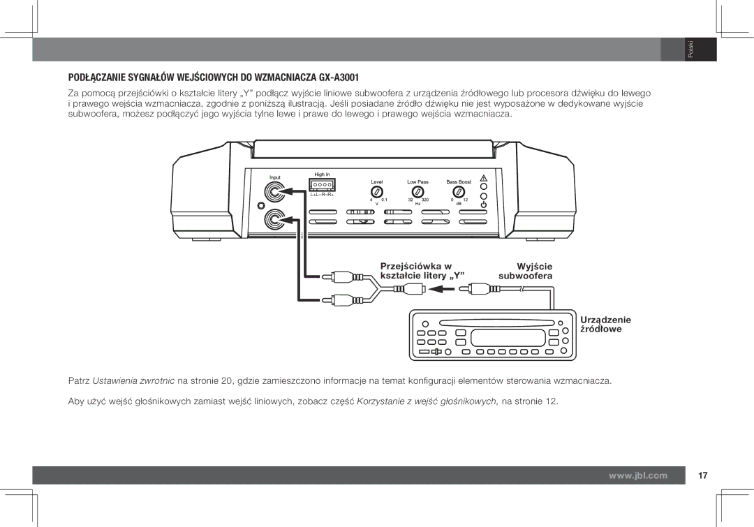 JBL GX-A602 owner manual Podłączanie Sygnałów Wejściowych do Wzmacniacza GX-A3001 