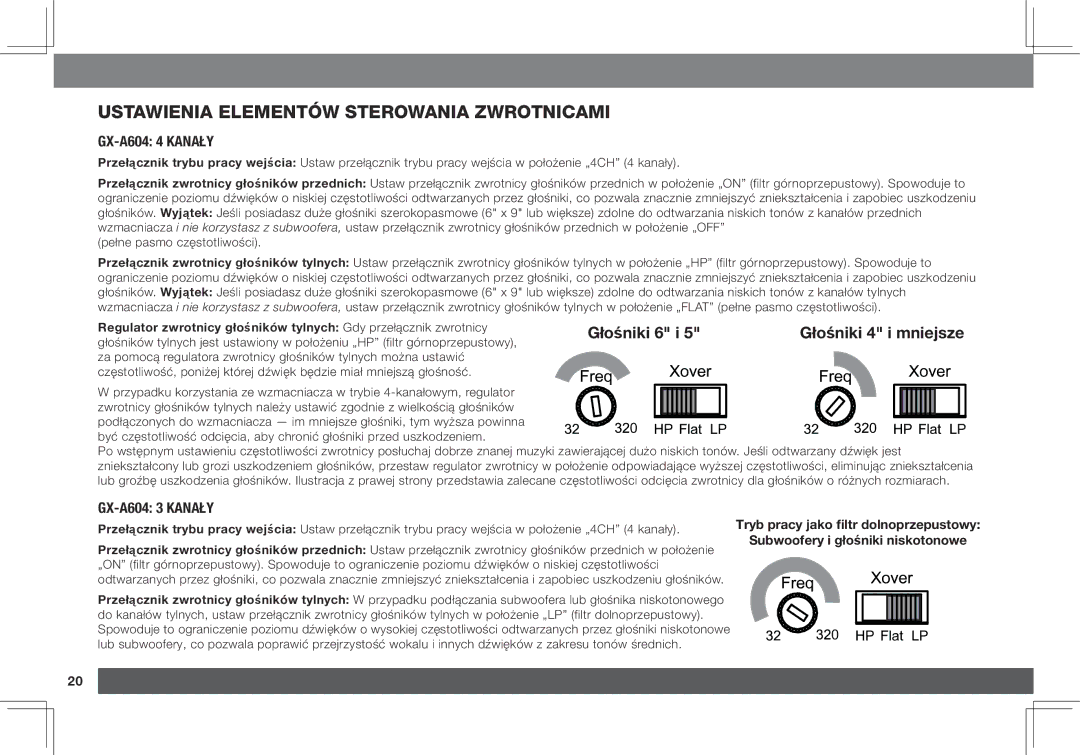 JBL GX-A3001, GX-A602 owner manual Ustawienia elementów sterowania zwrotnicami, GX-A604 4 kanały, GX-A604 3 kanały 