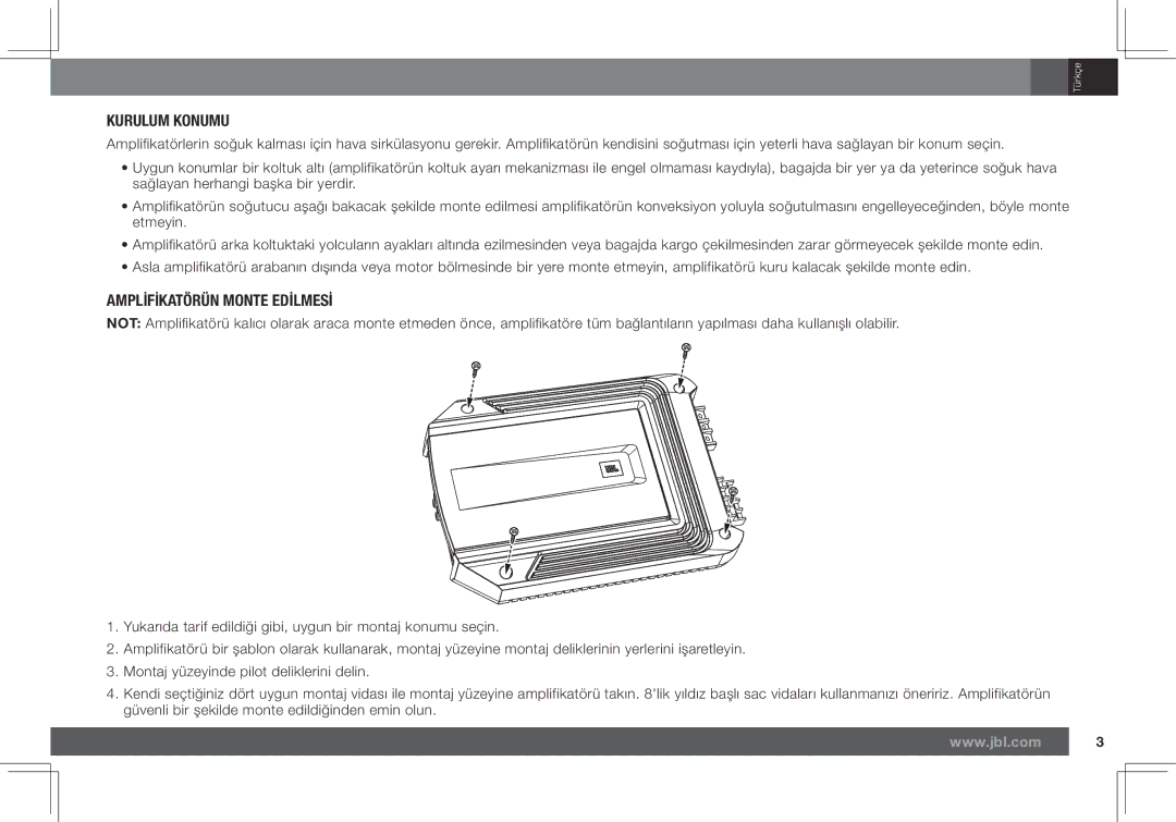 JBL GX-A602, GX-A3001 owner manual Kurulum Konumu, Amplİfİkatörün Monte Edİlmesİ 