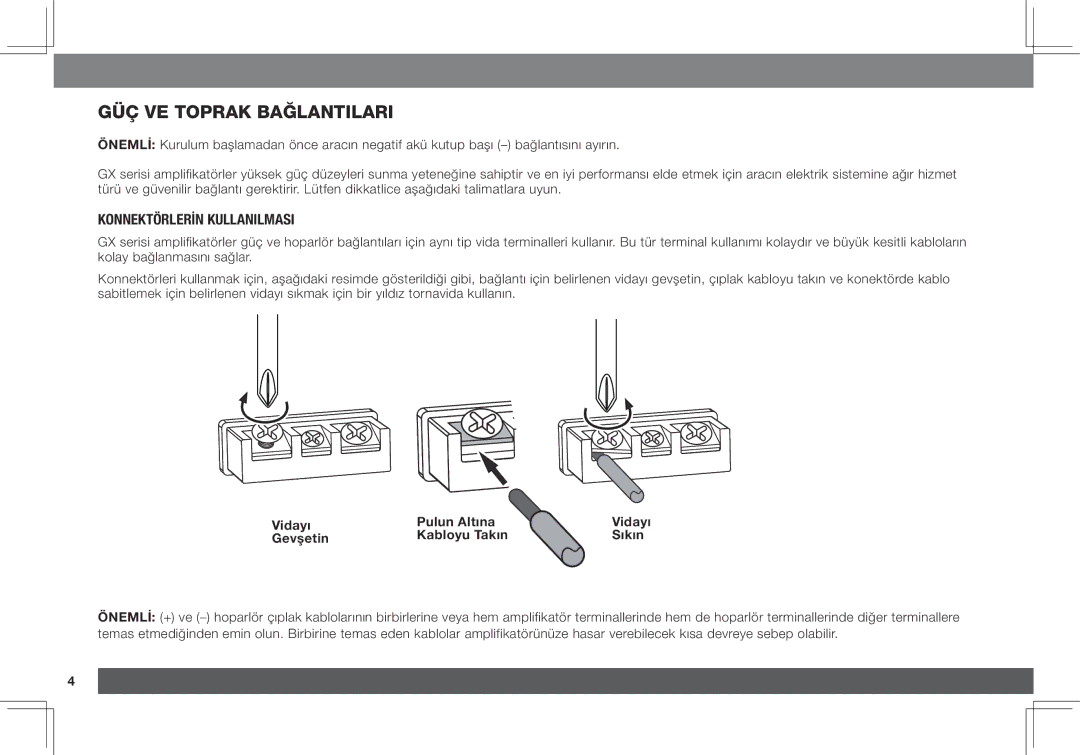 JBL GX-A3001 Güç ve toprak bağlantıları, Konnektörlerin Kullanılması, Vidayı Pulun Altına, Gevşetin Kabloyu Takın Sıkın 