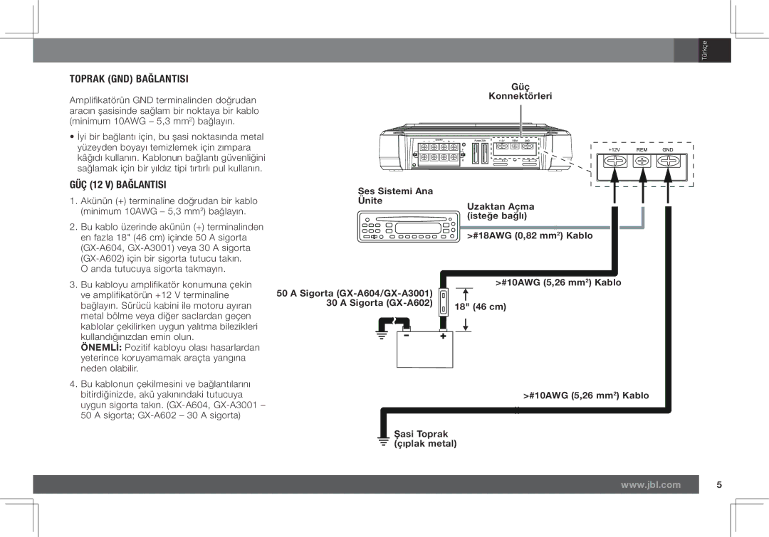 JBL GX-A602, GX-A3001 GÜÇ 12 V Bağlantisi, Güç Konnektörleri, #18AWG 0,82 mm2 Kablo #10AWG 5,26 mm2 Kablo 18 46 cm 