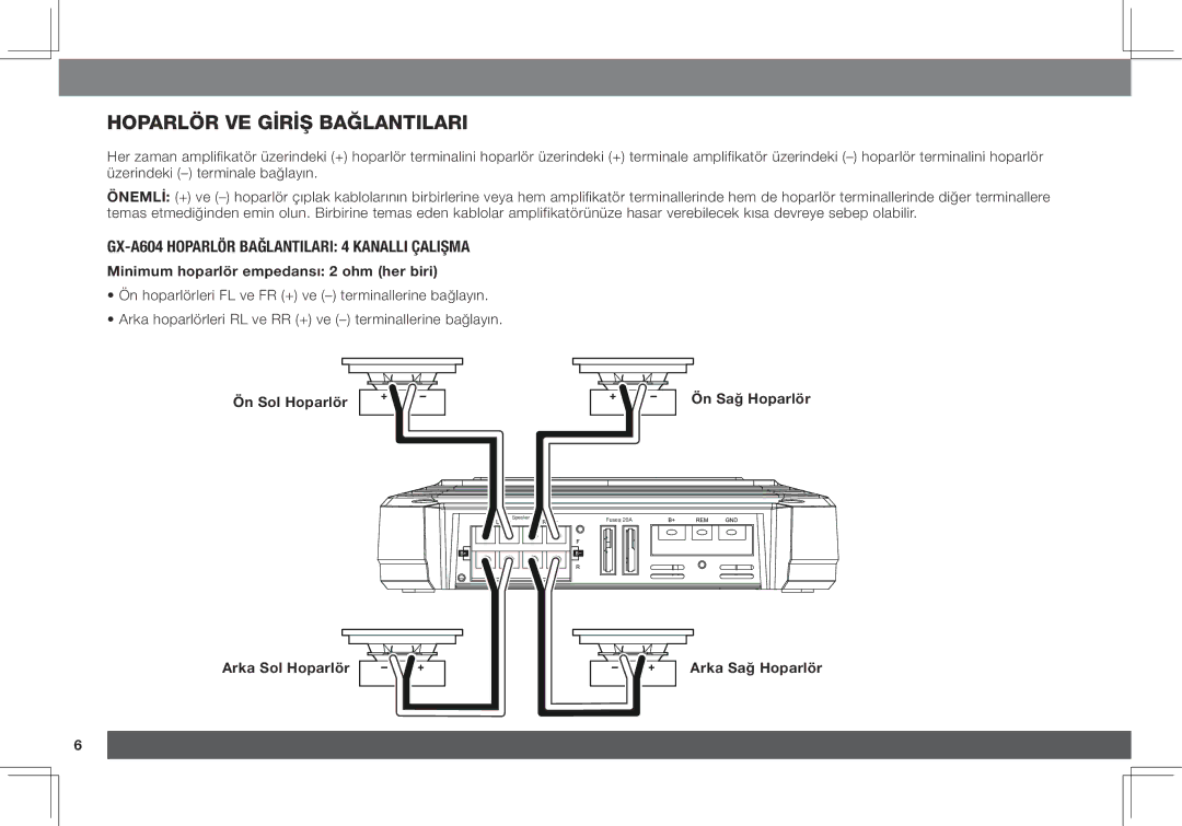 JBL GX-A3001, GX-A602 owner manual Hoparlör ve giriş bağlantıları, GX-A604 hoparlör bağlantıları 4 Kanallı çalışma 